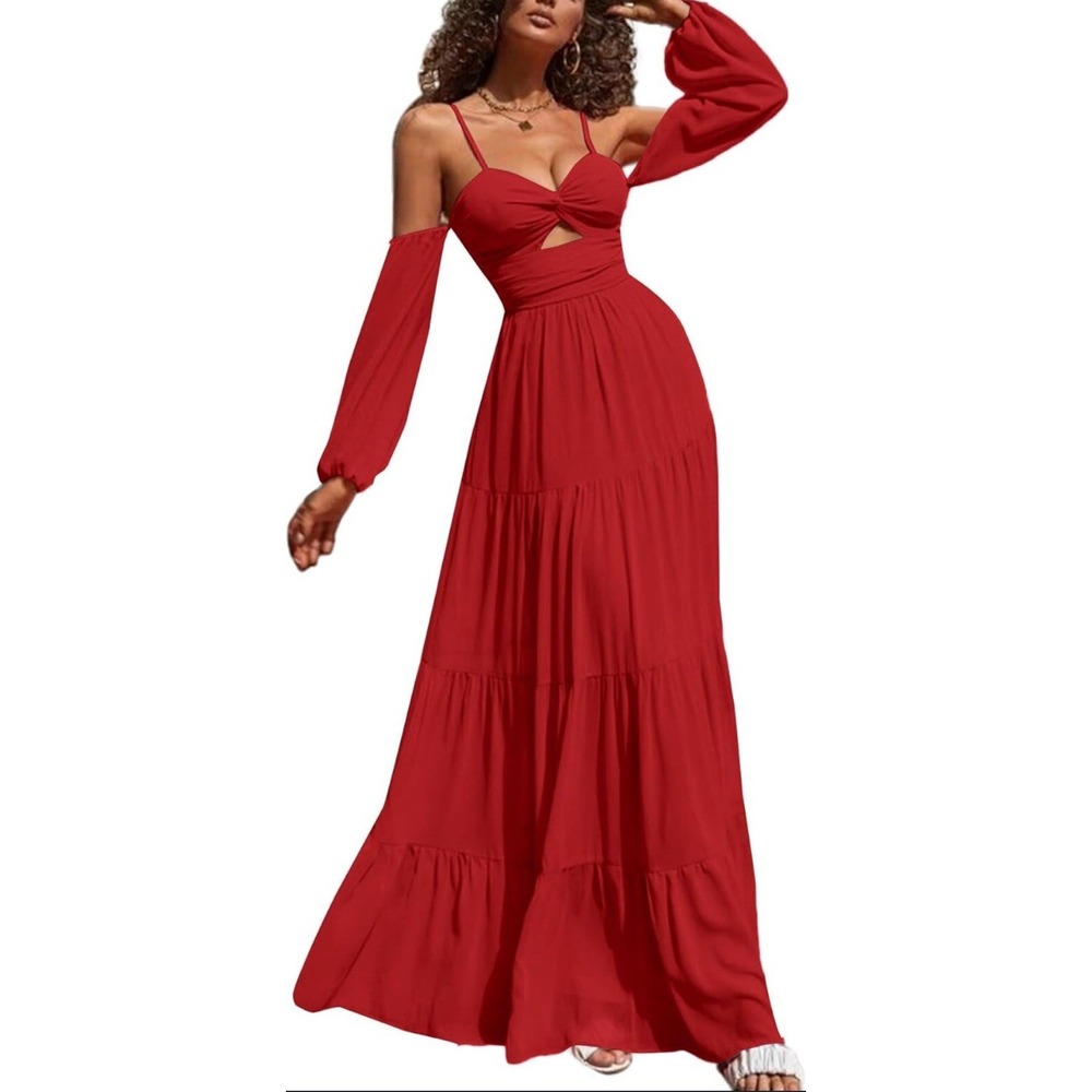 LYANER Red Cutout Tiered Maxi Dress Cold Shoulder Long Sleeve Boho Vacation Sz S